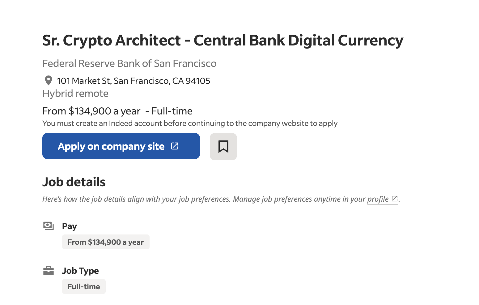 Thông báo tuyển dụng của Ngân hàng Dự trữ Liên bang San Francisco. Nguồn: Indeed