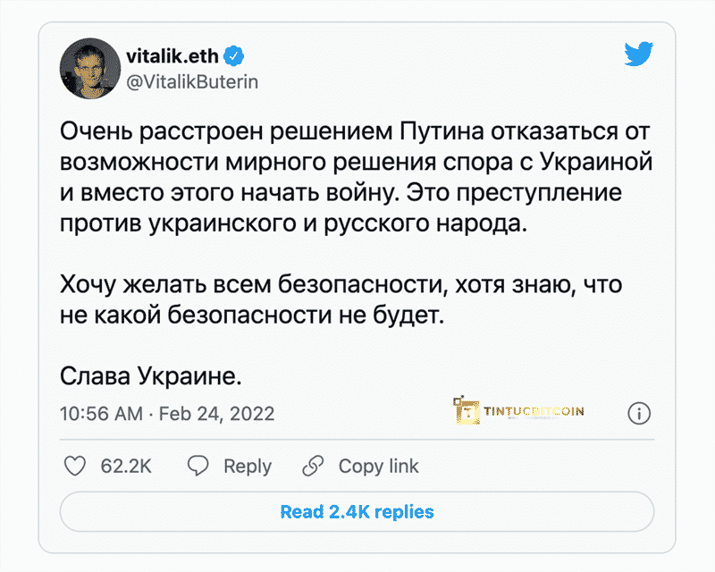 Vitalik Buterin lên án Putin vì xâm lược Ukraine