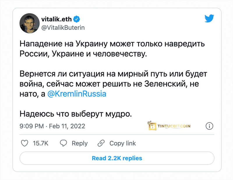 Vitalik Buterin lên án Putin vì xâm lược Ukraine