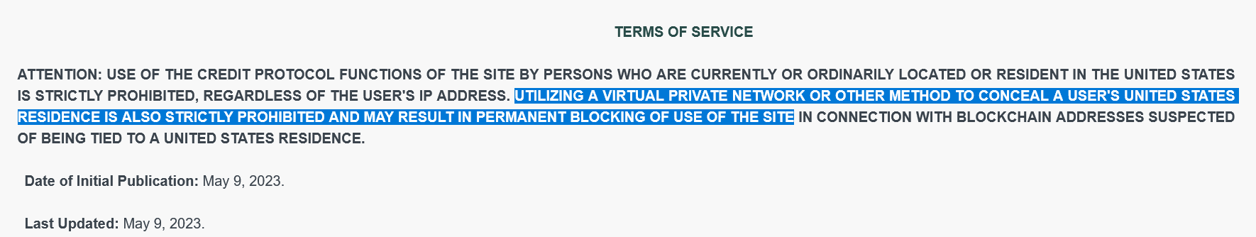Điều khoản dịch vụ của Giao thức Spark cấm người dùng Hoa Kỳ sử dụng VPN để che giấu tình trạng cư trú tại Hoa Kỳ của họ. Nguồn: Spark Protocol