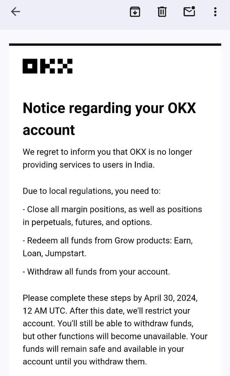 OKX chấm dứt dịch vụ ở Ấn Độ - Tin Tức Bitcoin 2024