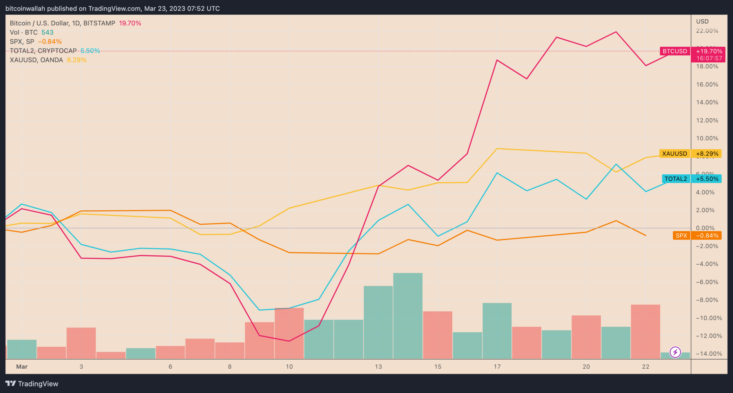 Hiệu suất thị trường Bitcoin, S&P 500, Vàng và Altcoin trong tháng 3. Nguồn: TradingView