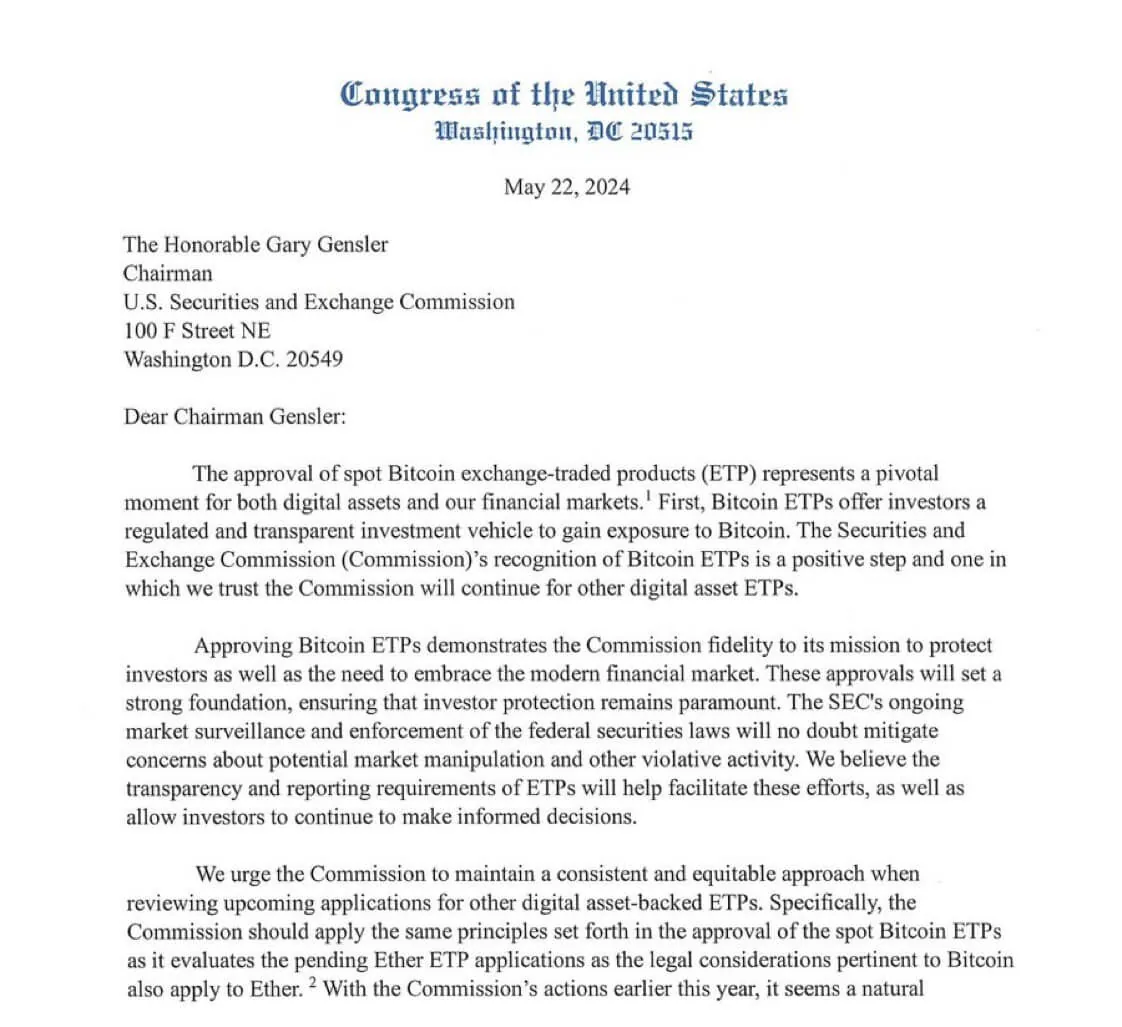 Các nhà lập pháp Hoa Kỳ kêu gọi SEC phê duyệt ETH ETF - Tin Tức Bitcoin 2024